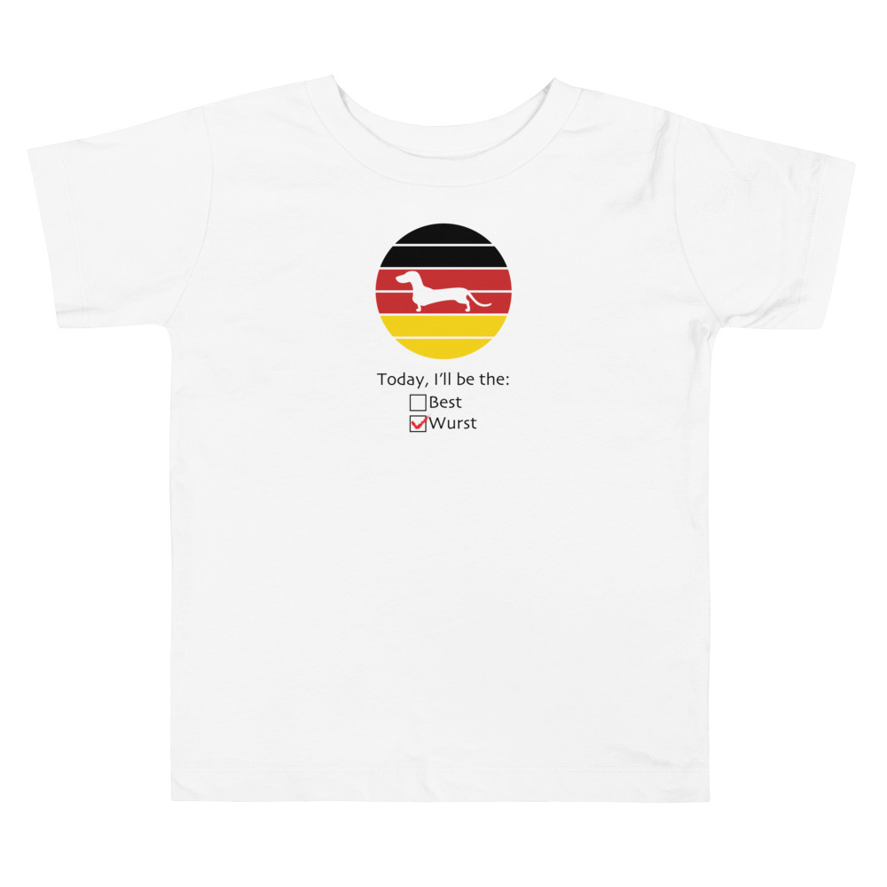 Kids T-Shirt with German flag and a dachshund, text reads "Today, I'll be the: Best, Wurst"