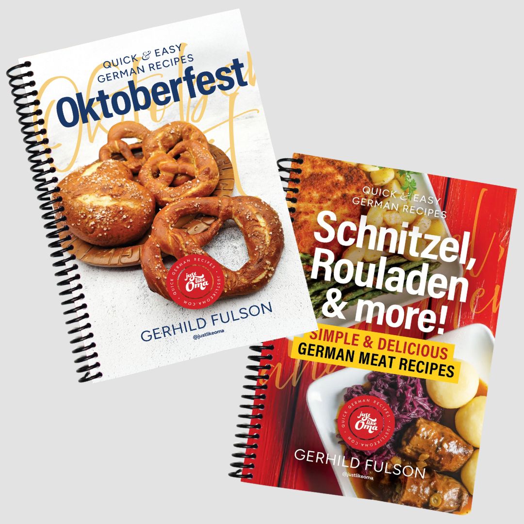 Two spiral-bound cookbooks by Gerild Fulson, titled 'Quick & Easy German Recipes: Oktoberfest' and 'Quick & Easy German Recipes: Schnitzel, Rouladen & more!', shown on a light gray background.