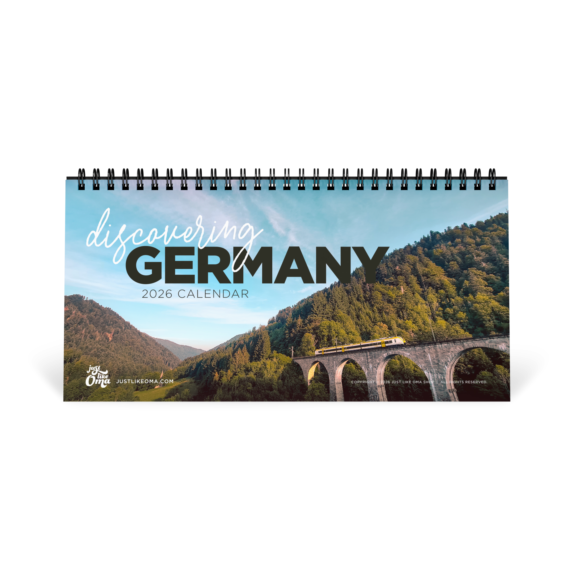 Discover Germany 2026 desk calendar, 10x5 tabletop tent calendar with black spiral binding