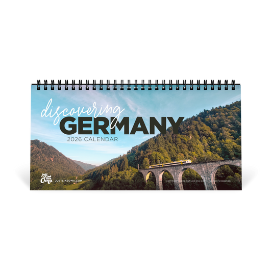 Discover Germany 2026 desk calendar, 10x5 tabletop tent calendar with black spiral binding
