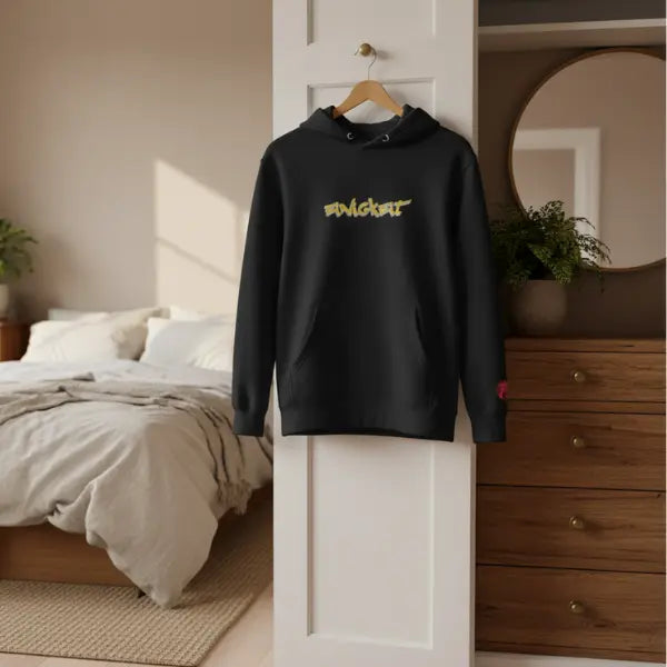 Black hoodie with the word “Einigkeit” printed in bold graffiti-style yellow letters, hanging on a white wardrobe door in a cozy bedroom with warm morning light.