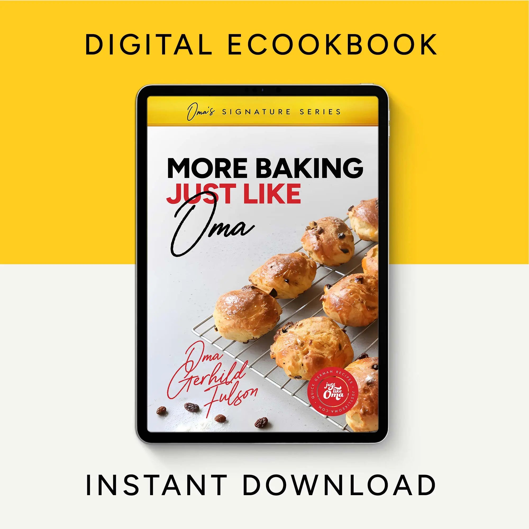 More Baking Just Like Oma digital eCookbook cover on tablet, instant download German baking cookbook with traditional recipes by Gerhild Fulson.