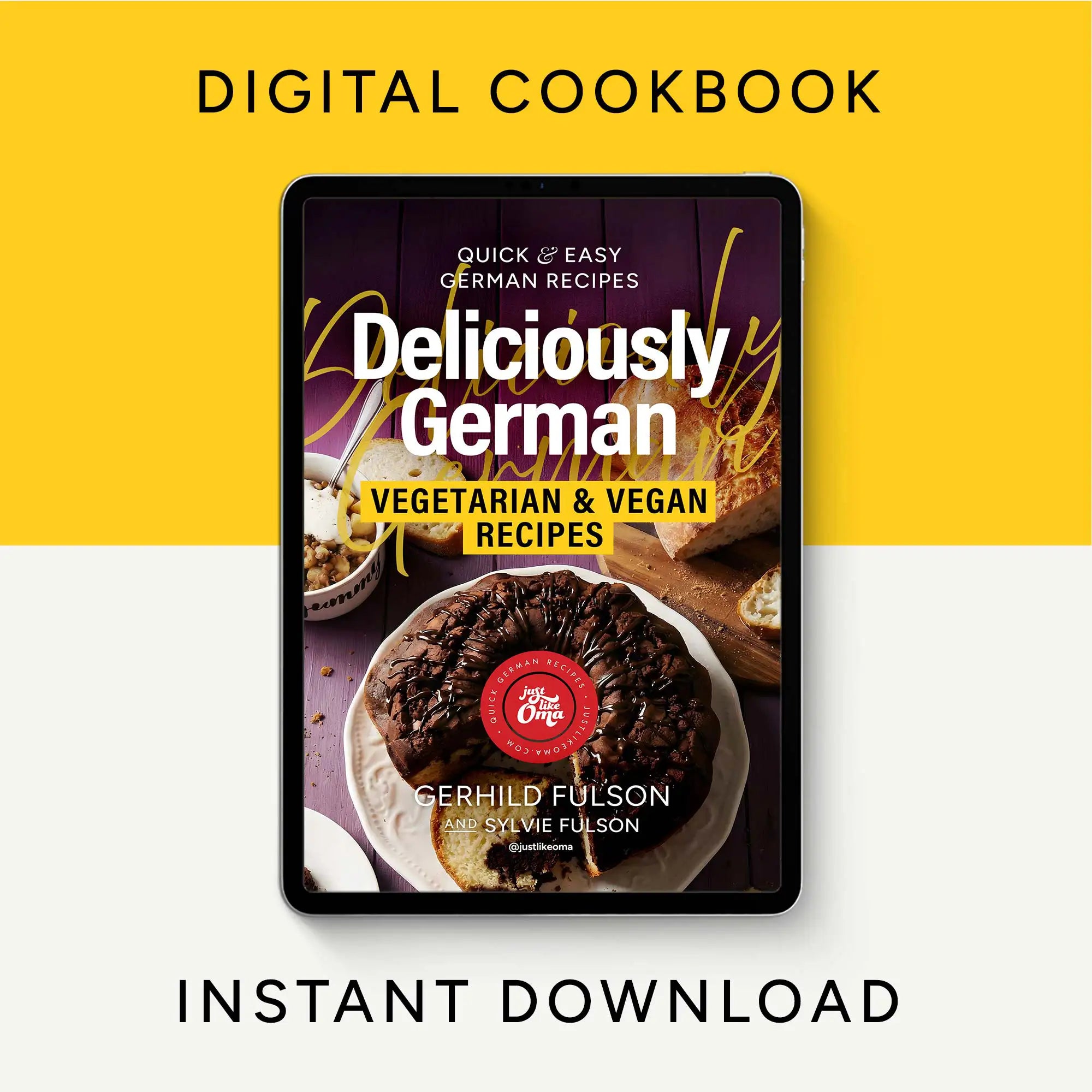 Digital cookbook cover for 'Deliciously German' with a yellow background