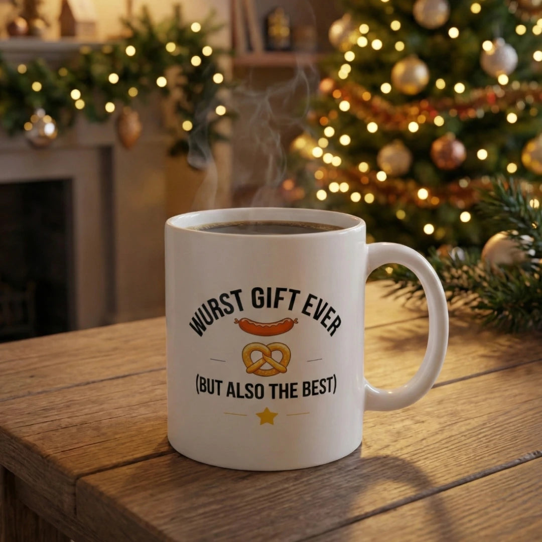 White mug with text on a wooden table in front of a Christmas tree and fireplace.